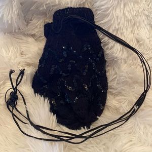 Vintage delicate black sequined drawstring bag